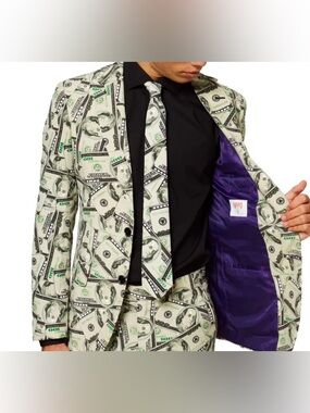 OppoSuit Cashanova Men’s 38 R Money-Print Suit Jacket 3 piece set Trousers Tie